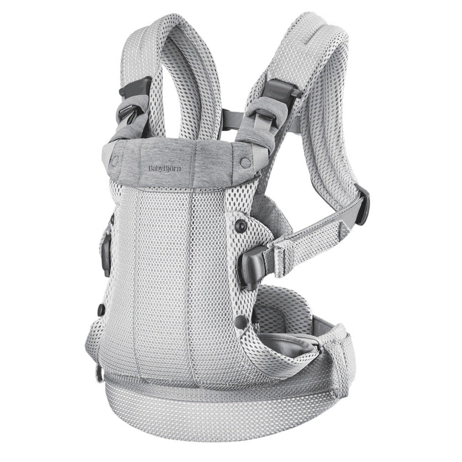 BabyBjörn Harmony baby carrier in gray with padded mesh straps and waist belt, back view.