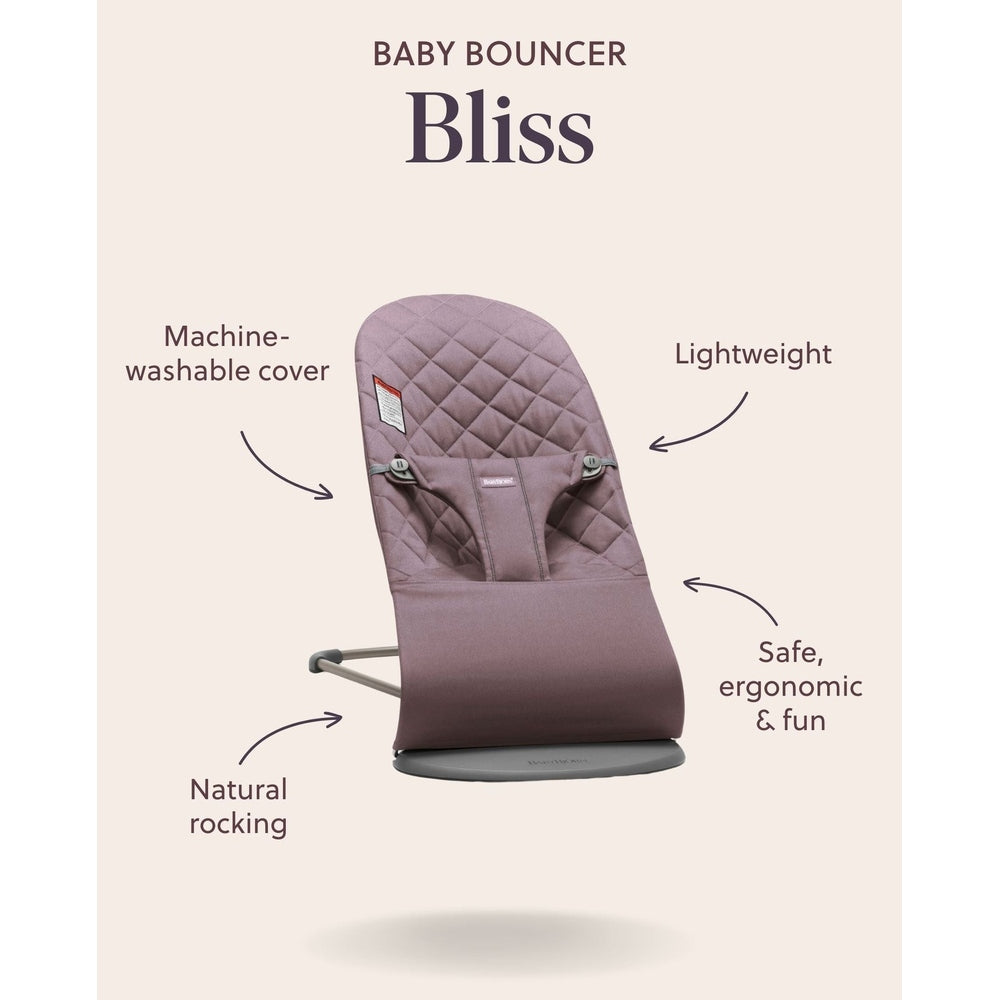 BabyBjörn Bouncer Bliss in dusty rose with quilted cover, showing lightweight, machine-washable fabric and gentle rocking.