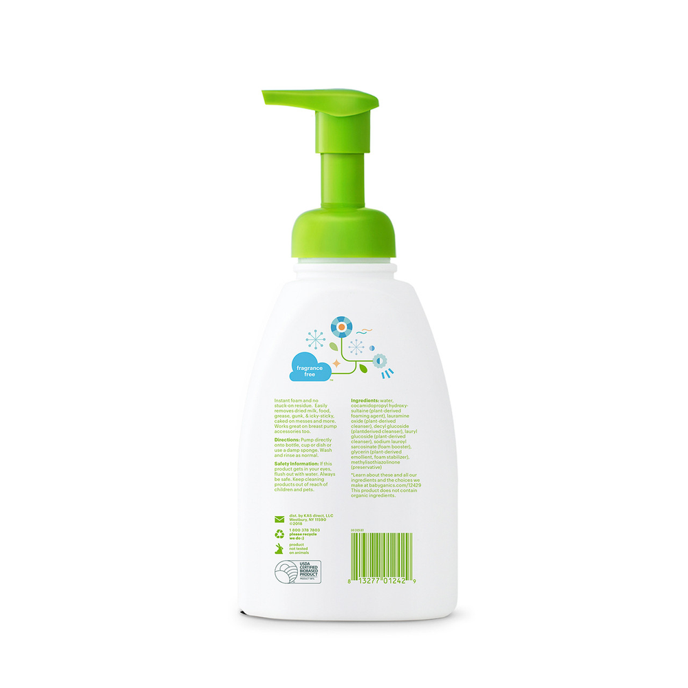 Babyganics Foam Dish & Bottle Soap Frag Free, white bottle with green pump being pressed.