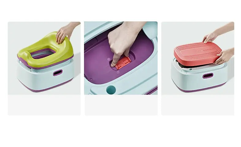 BC Babycare 3 In 1 Potty Training Seat with lime green lid, purple inner, pink top, shown being opened.