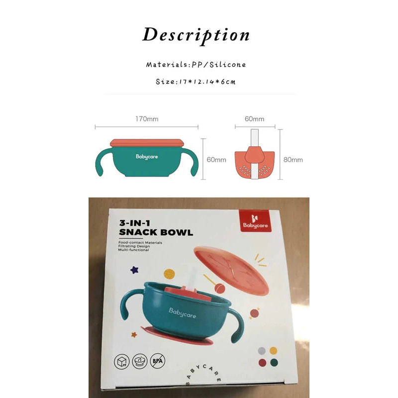 BC Babycare 3-in-1 Snack Bowl with non-slip base, teal body, teal handles and orange lid