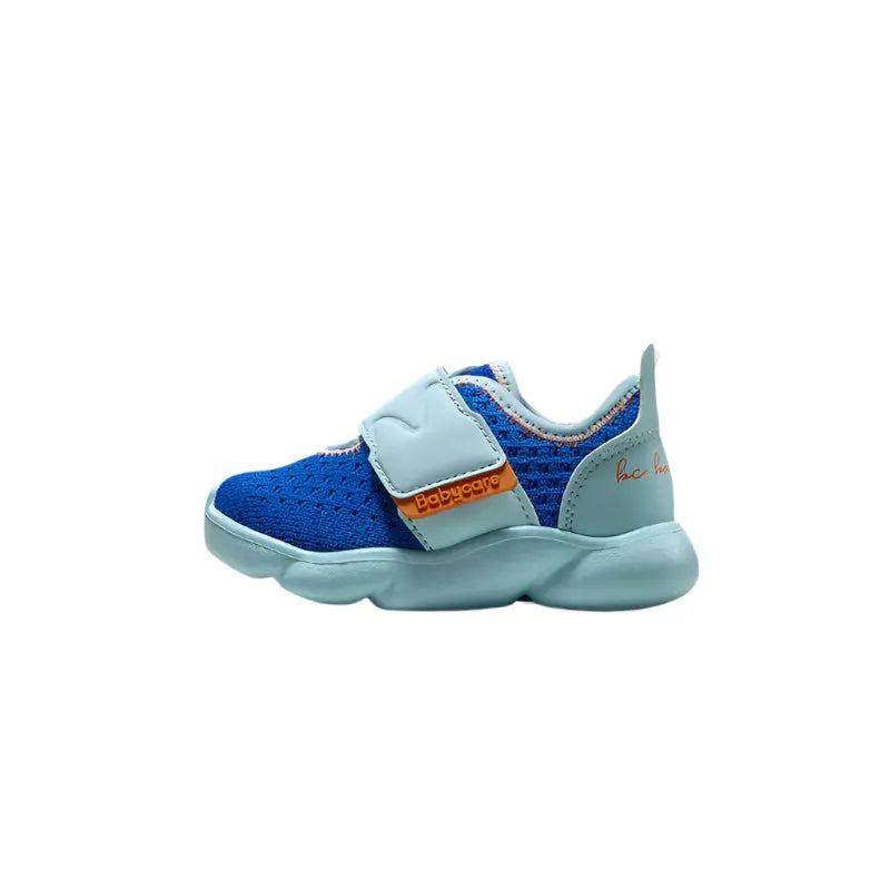 BC Babycare Baby Step Two Shoes Blue with knit upper, Velcro strap and light blue sole.