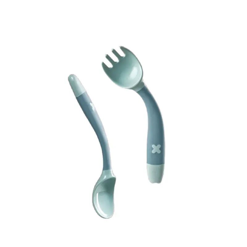 BC Babycare Bendable spoon & fork set in blue mint, curved handles shown for easy feeding control.