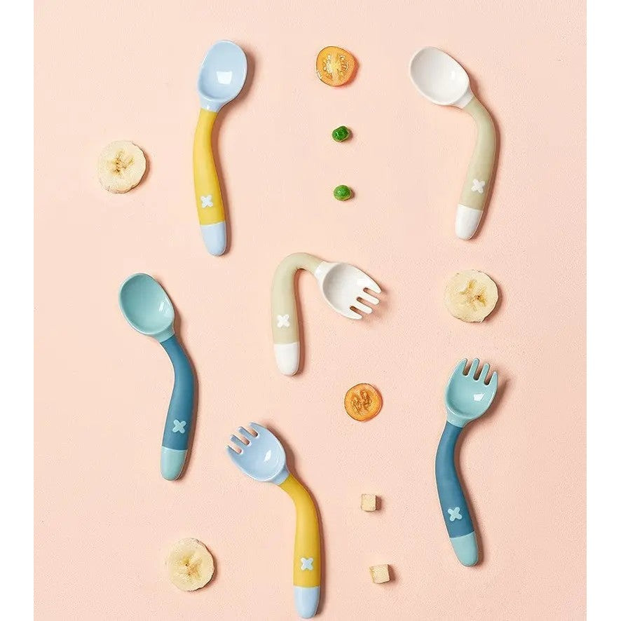 BC Babycare Bendable Spoon & Fork Set, six-piece pastel blue and yellow, showing bent handles ready for feeding.