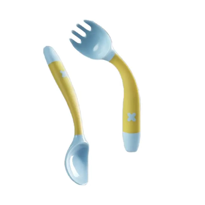 BC Babycare Bendable Spoon & Fork Set, yellow handles with blue ends, two-piece shown bending to aid easy self-feeding