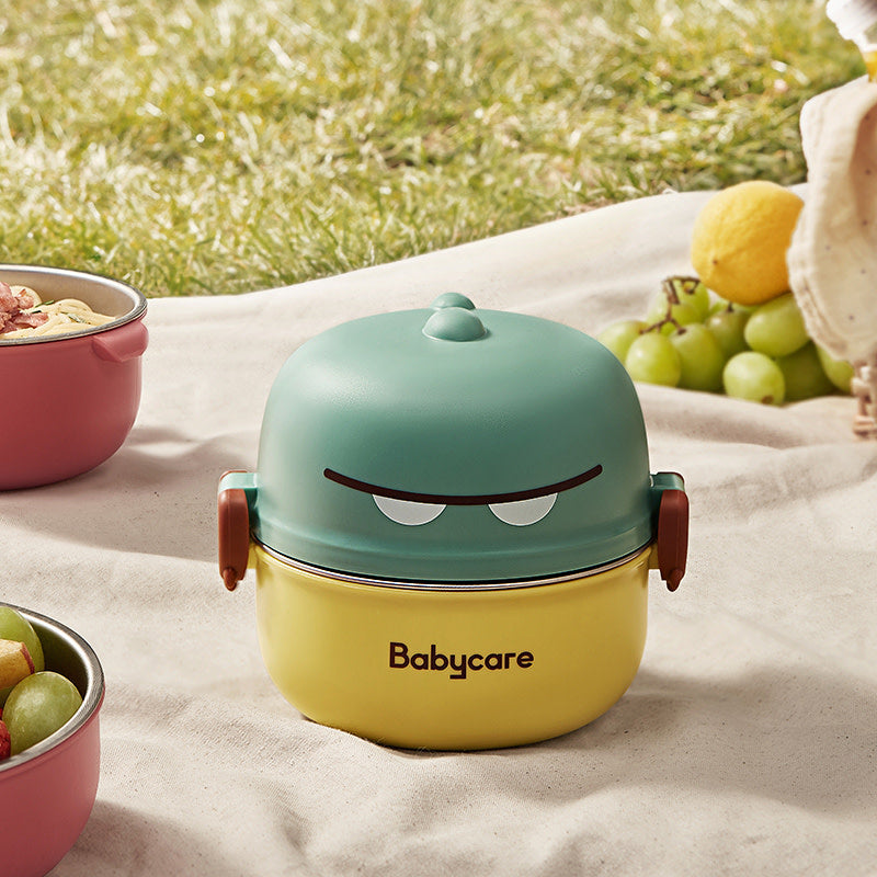 BC Babycare Dino Portable Tableware Set with teal lid and yellow base, travel-friendly for toddlers