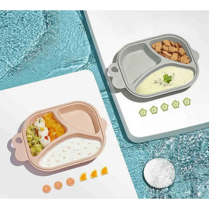 Bc Babycare Dividend Plate in pink/gray, two divided trays by the poolside for kids' meals.