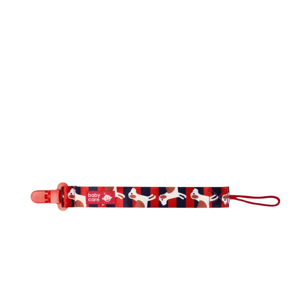 Bc Babycare Kids Pacifier Holder with red clip and navy-red dog-pattern strap