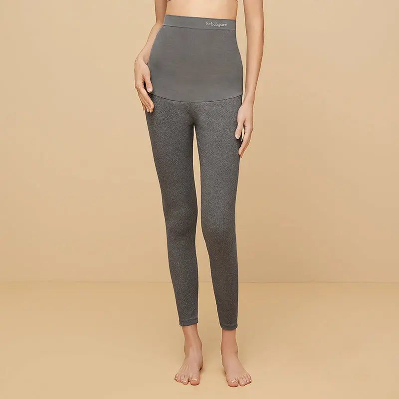 BC Babycare Maternity Leggings Grey worn by model, showcasing the high over-bump waistband and snug full-length fit.