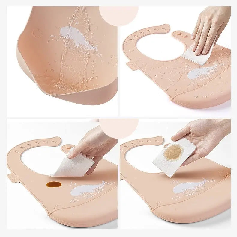 BC Babycare Silicone Adjustable Bib in peach-beige with catch pocket, adjustable neck; shown being wiped clean.