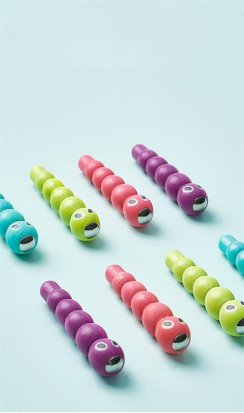 BC Babycare Woodpecker Catching & Feeding Toy Set with six colorful segmented worm toys with eyes
