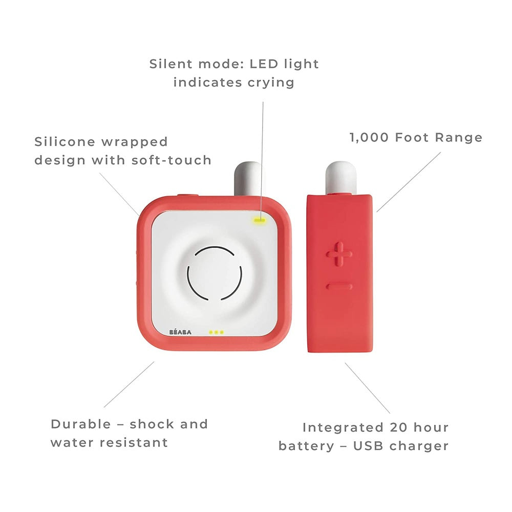 Beaba Minicall Audio baby monitor coral with silicone-wrapped body and 1,000 ft range