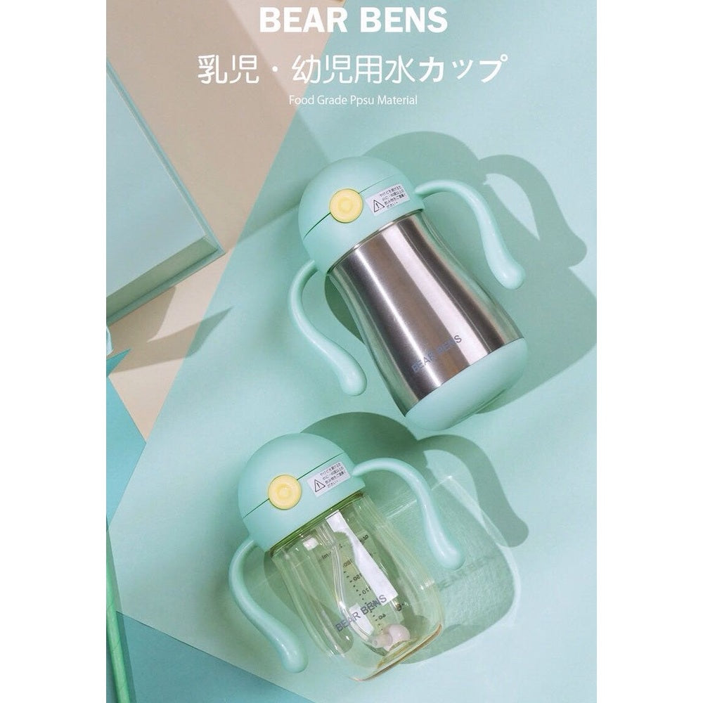 Bear Bens water bottle set, octopus green, two bottles with mint lids and handles.