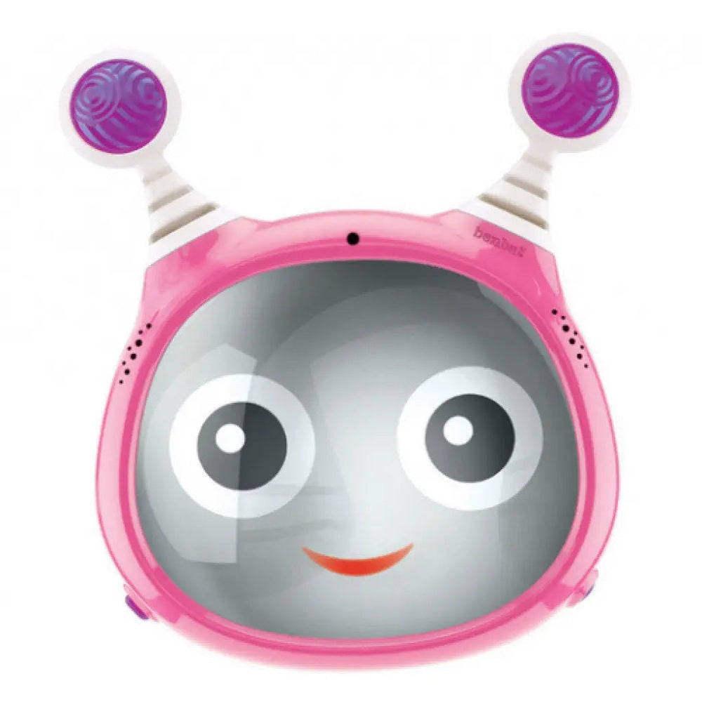 Benbat Oly Active Car Mirror in pink frame with a cheerful gray face and big cartoon eyes.