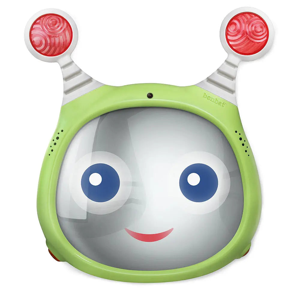 Benbat Oly Active Car Mirror in lime green with a cheerful face and red antenna tips.