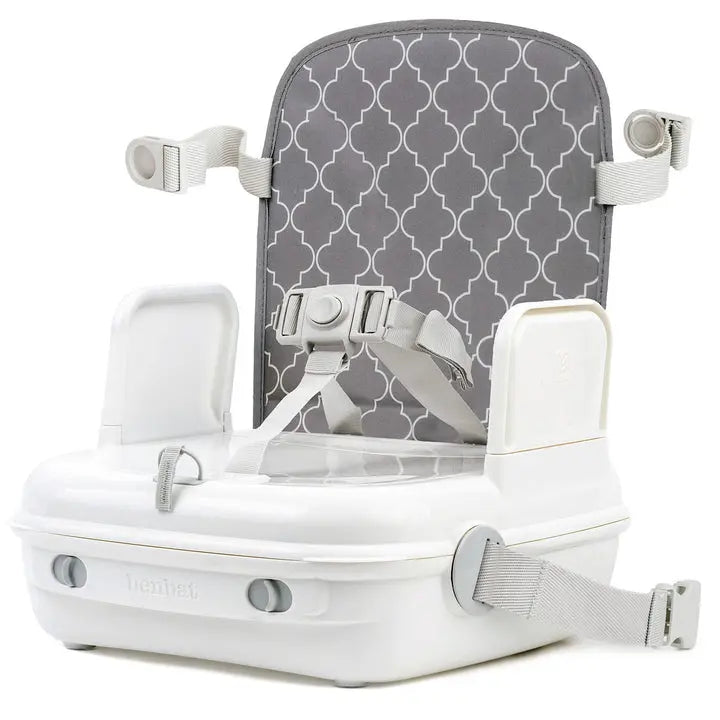 Benbat Yummigo2 booster seat with grey patterned backrest secured to a white base with buckled straps.