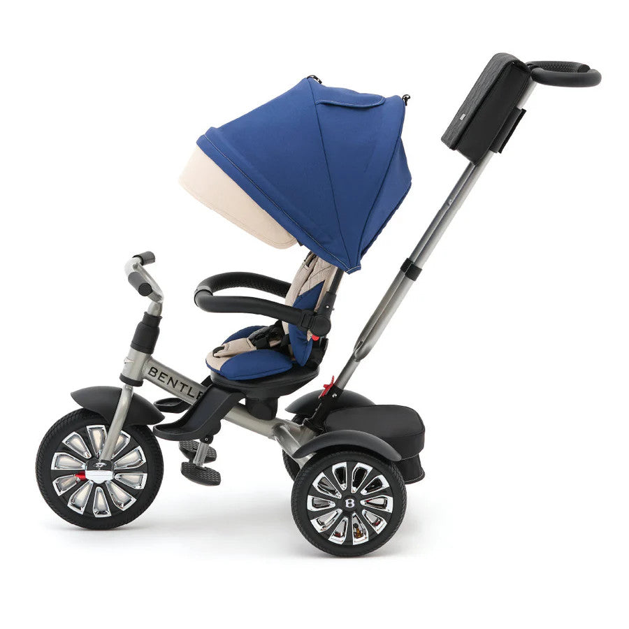Bentley Trike 6-in-1 V2 Mulliner Cool Stone with blue canopy and parental push handle, 4-wheel design