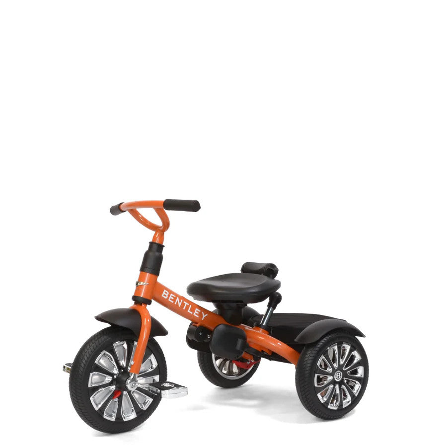 Bentley Trike 6-in-1 V2 Mulliner Mandarin toddler tricycle, orange frame with black seat and chrome wheels