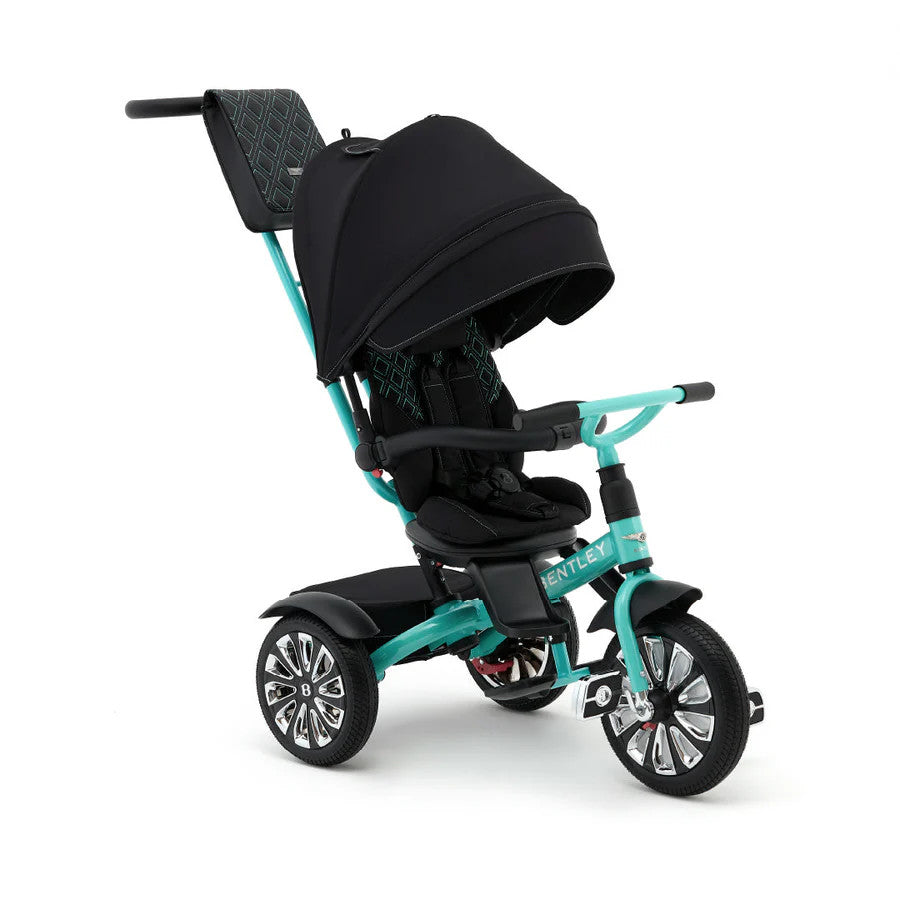 Bentley Trike 6-in-1 V2 Mulliner Celeste turquoise-frame tricycle with black canopy and padded seat