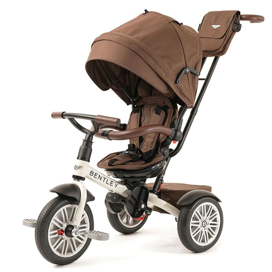 Bentley Trike 6-in-1 V2, white satin frame with brown canopy and seat, stroller-style tricycle