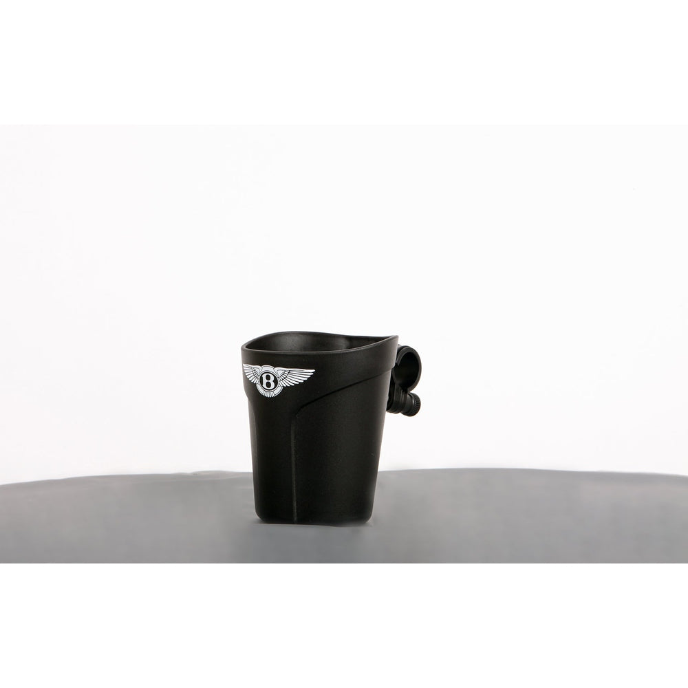 Bentley trike cup holder, black plastic with adjustable clamp and Bentley wing emblem