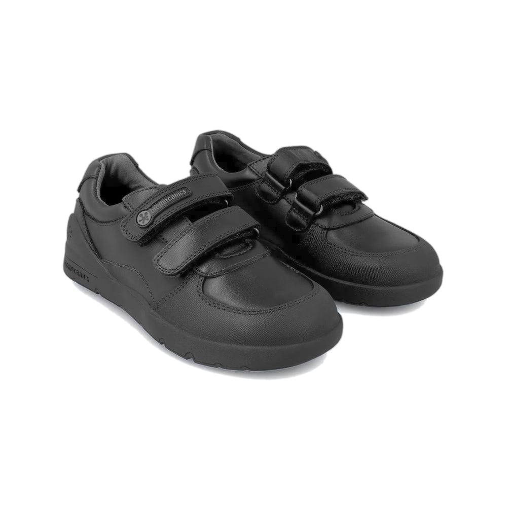 Biomecanics Black Double Velcro School Shoes; black exterior with two Velcro straps secured for quick wear.