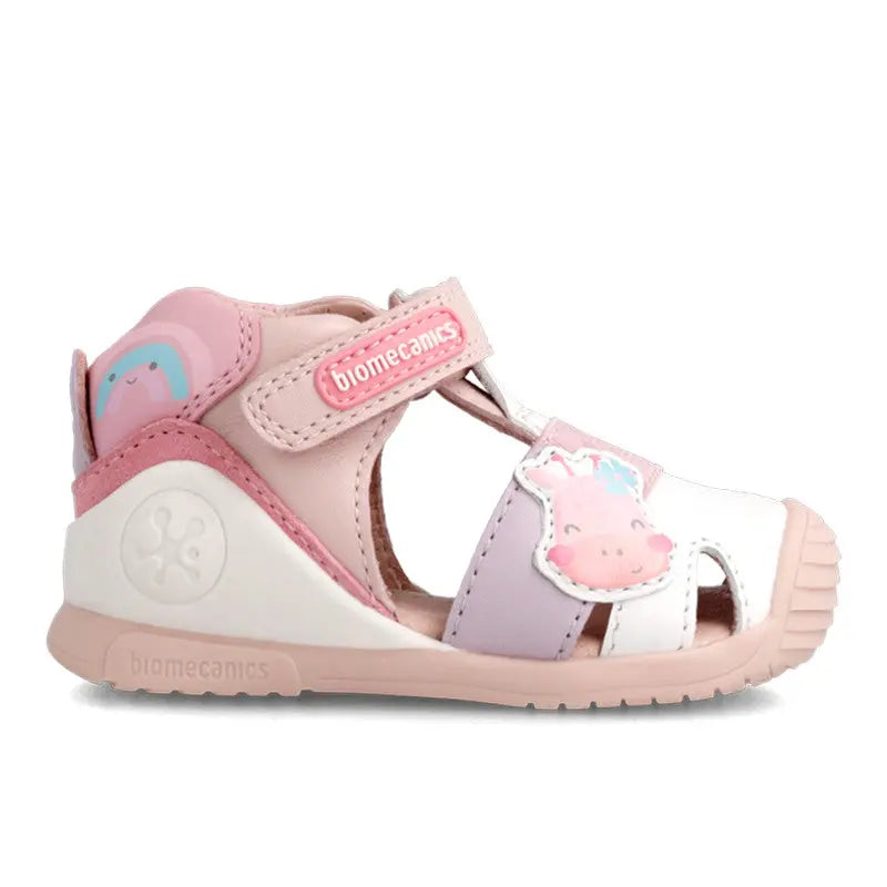 Biomecanics Sandals Blanc pink and white toddler sandal with Velcro strap securing the foot.