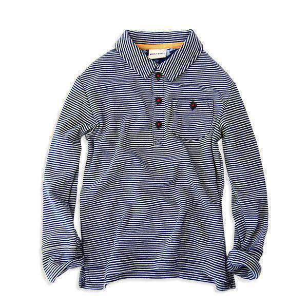 BIT'Z KIDS Polo Shirt in navy blue stripes with chest pocket, laid flat for display.