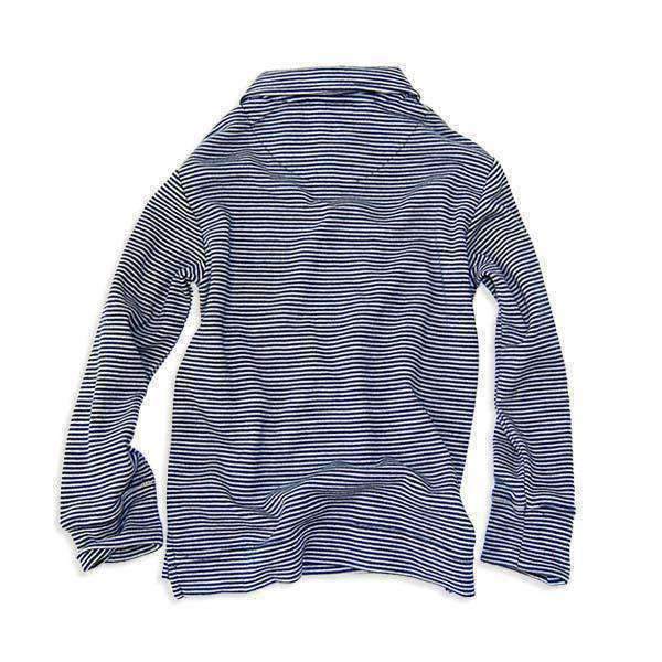 Bit'z Kids Polo Shirt Navy Blue striped long-sleeve laid flat to show pattern.