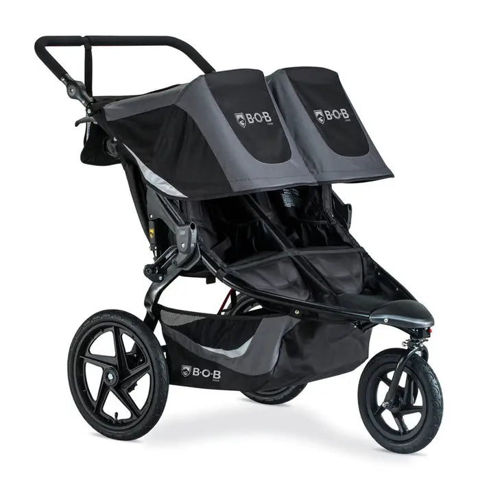 Bob Revolution Flex 3.0 Duallie Stroller, black dual-seat stroller with large wheels and dual canopies.