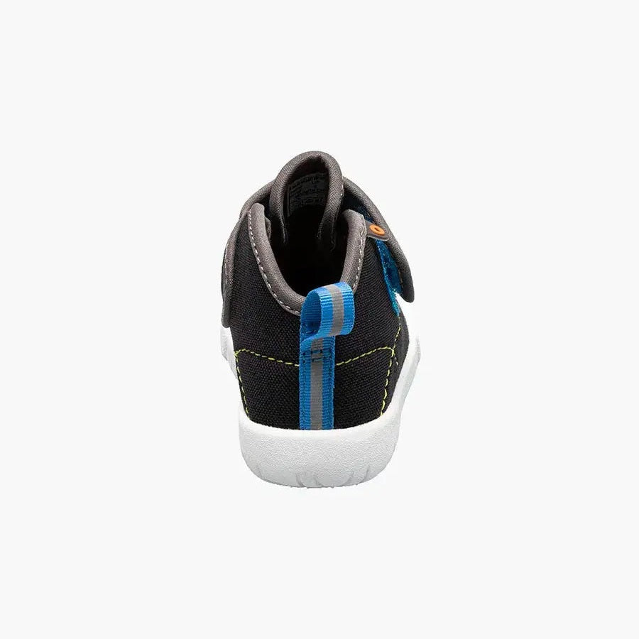 BOGS Baby Kicker Mid Black Multi toddler boot viewed from the back with blue pull tab and yellow stitching.