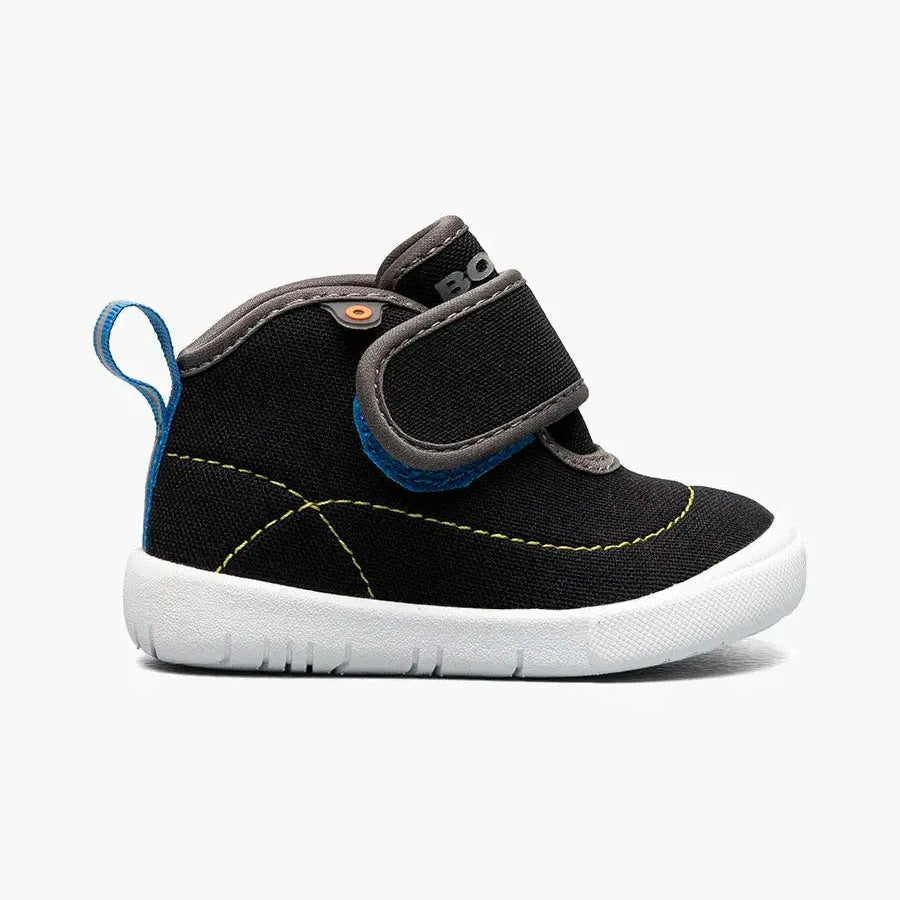 BOGS Baby Kicker Mid boot in black fabric with blue pull loop and Velcro strap, white sole.