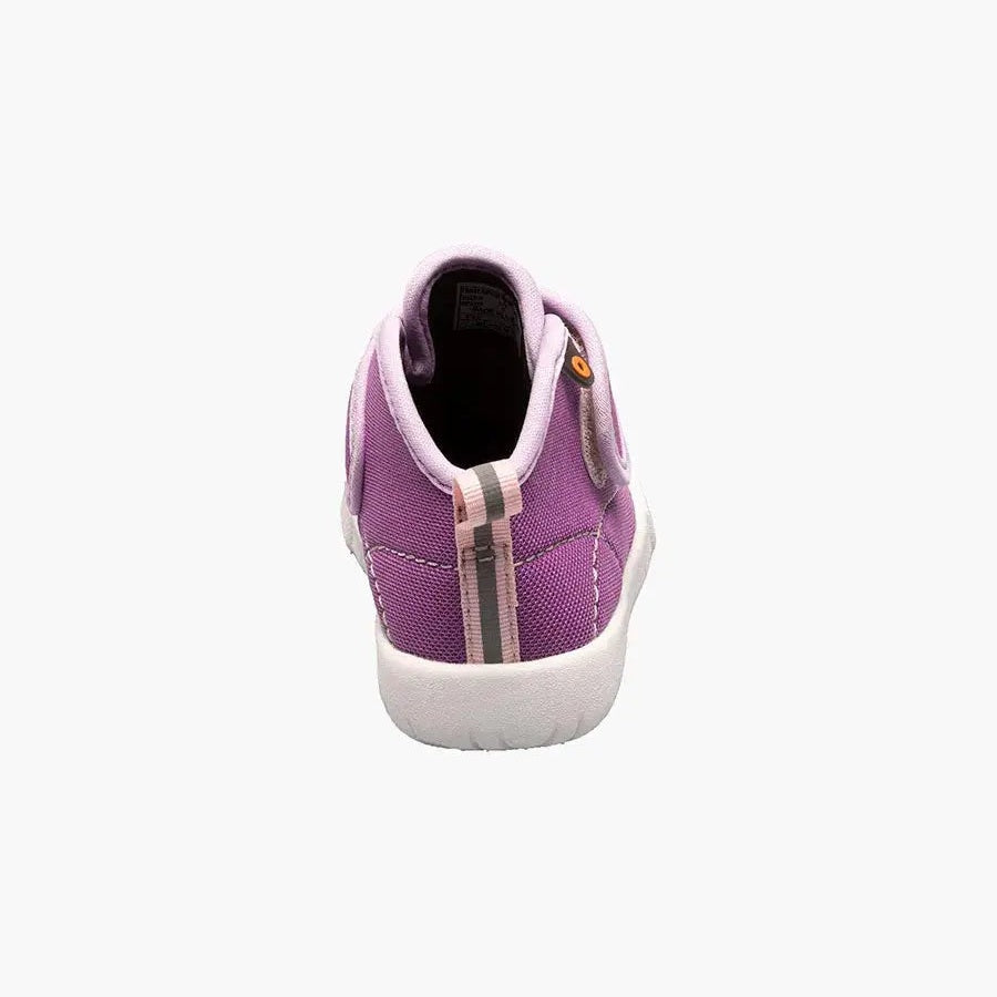 BOGS Baby Kicker Mid Violet toddler boot, back view showing purple fabric upper, gray pull tab, white sole.