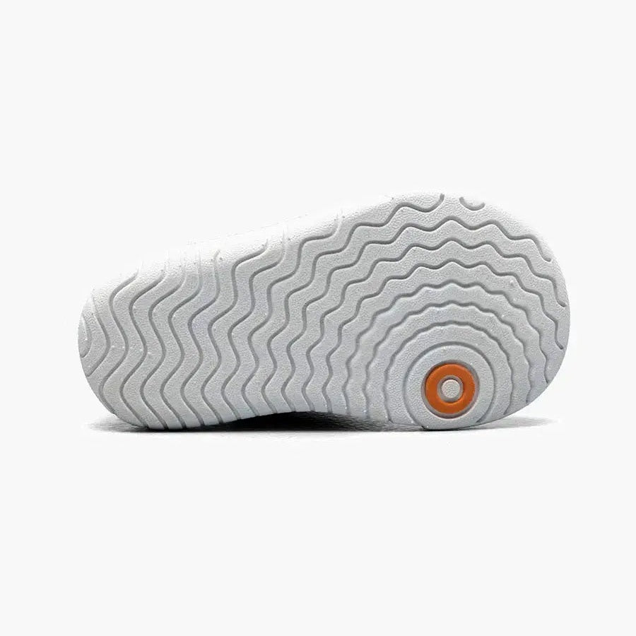 BOGS Baby Kicker Mid Violet boot; violet upper, light gray sole with orange ring, shown from bottom to reveal tread.