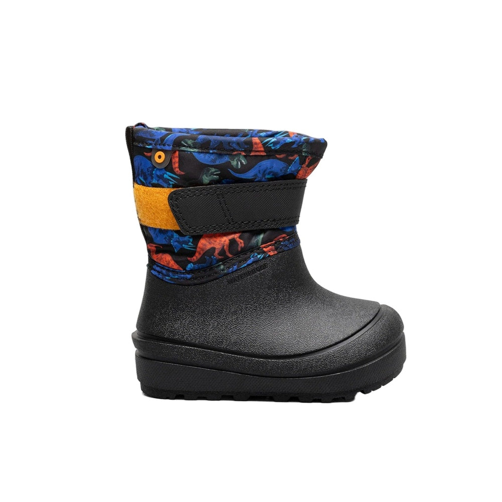 BOGS baby snow shell boot Real Dino; black lower, blue dinosaur-print upper with orange strap