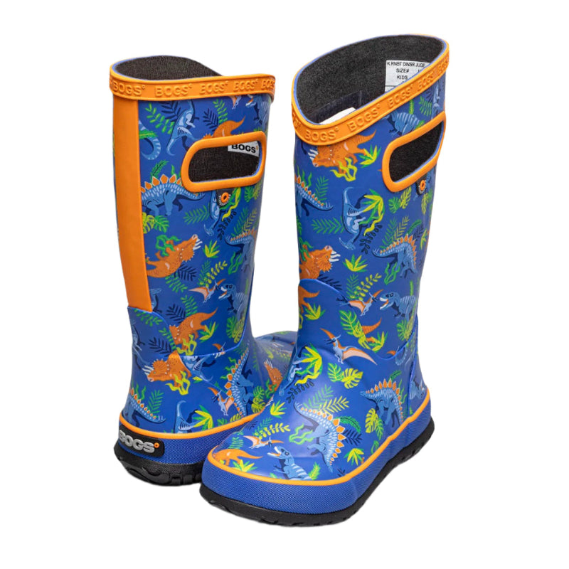 BOGS Rainboot Dinosaur Jungle Blue Multi for kids, blue dinosaur-print rain boots with orange trim and pull-on handles