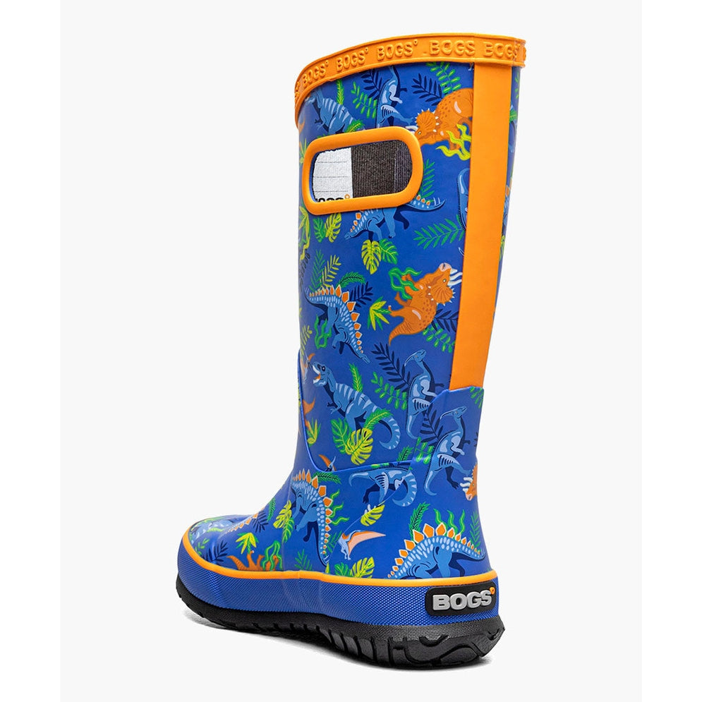 BOGS Rainboot Dinosaur Jungle Blue Multi with orange trim and side buckle strap, a toddler boot ready for rainy days