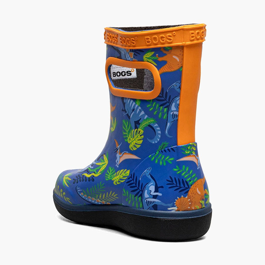 BOGS Skipper II Dinosaur Jungle Blue Multi toddler boot with orange strap and Velcro fastened