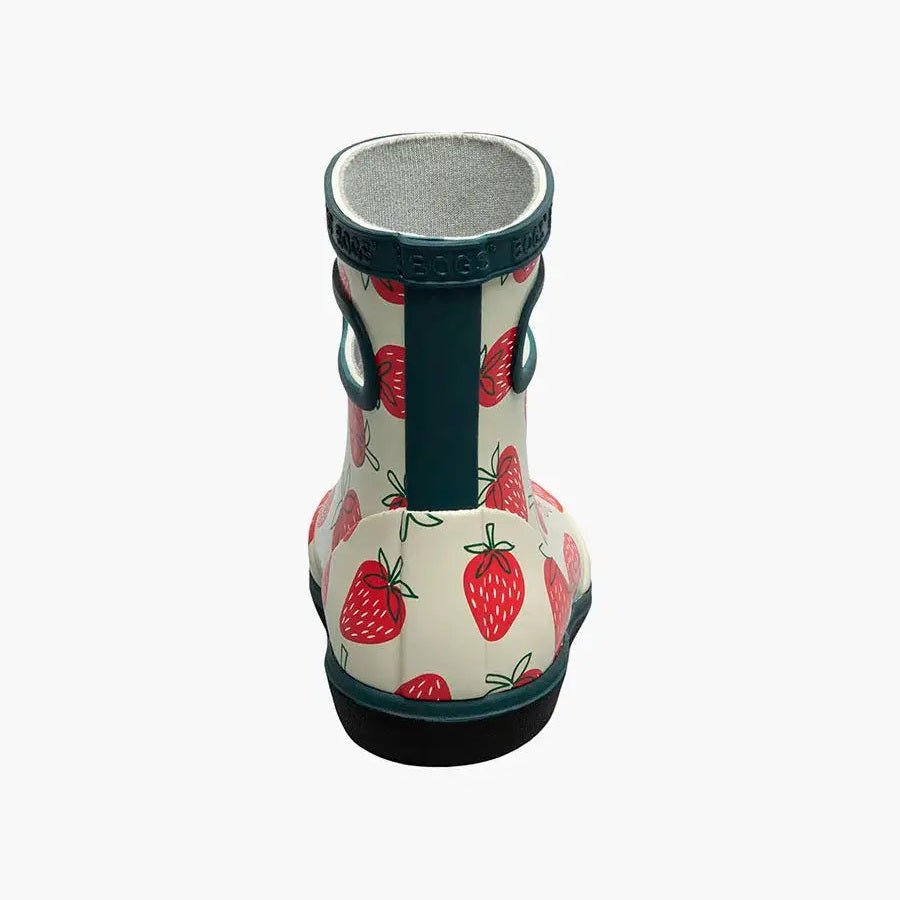 BOGS Skipper II Strawberry Moss Multi toddler boot, rear view with teal trim and strawberry print.