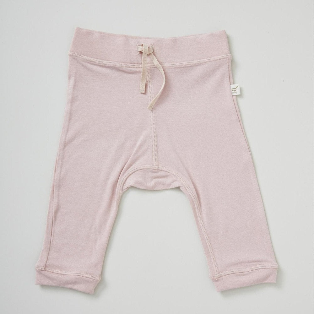 Boody Wear Baby Pull On Pant Rose 6-12 months, drawstring tied at waist on soft knit fabric.