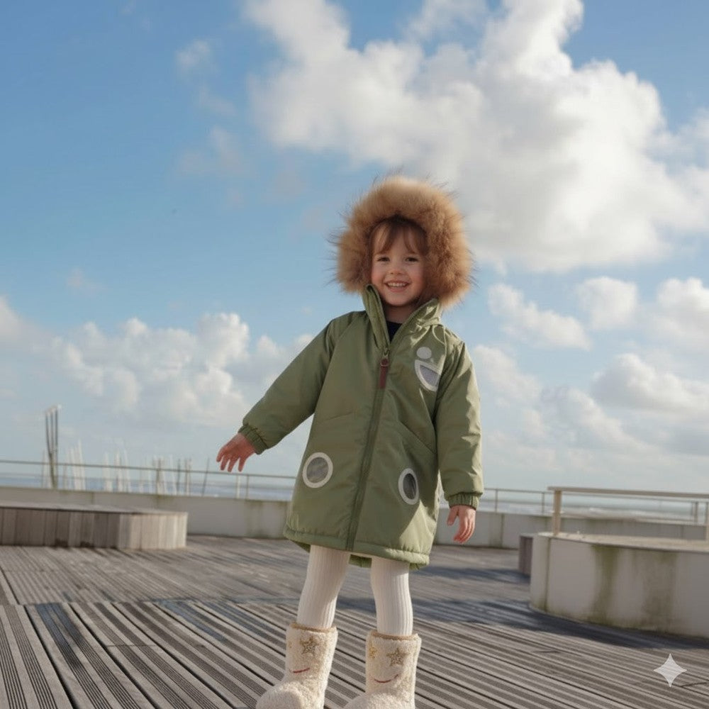 Boxbo Wistiti Fleece Lined Waterproof & Snowproof Fur Jacket Oliver Green worn by a smiling toddler outdoors.