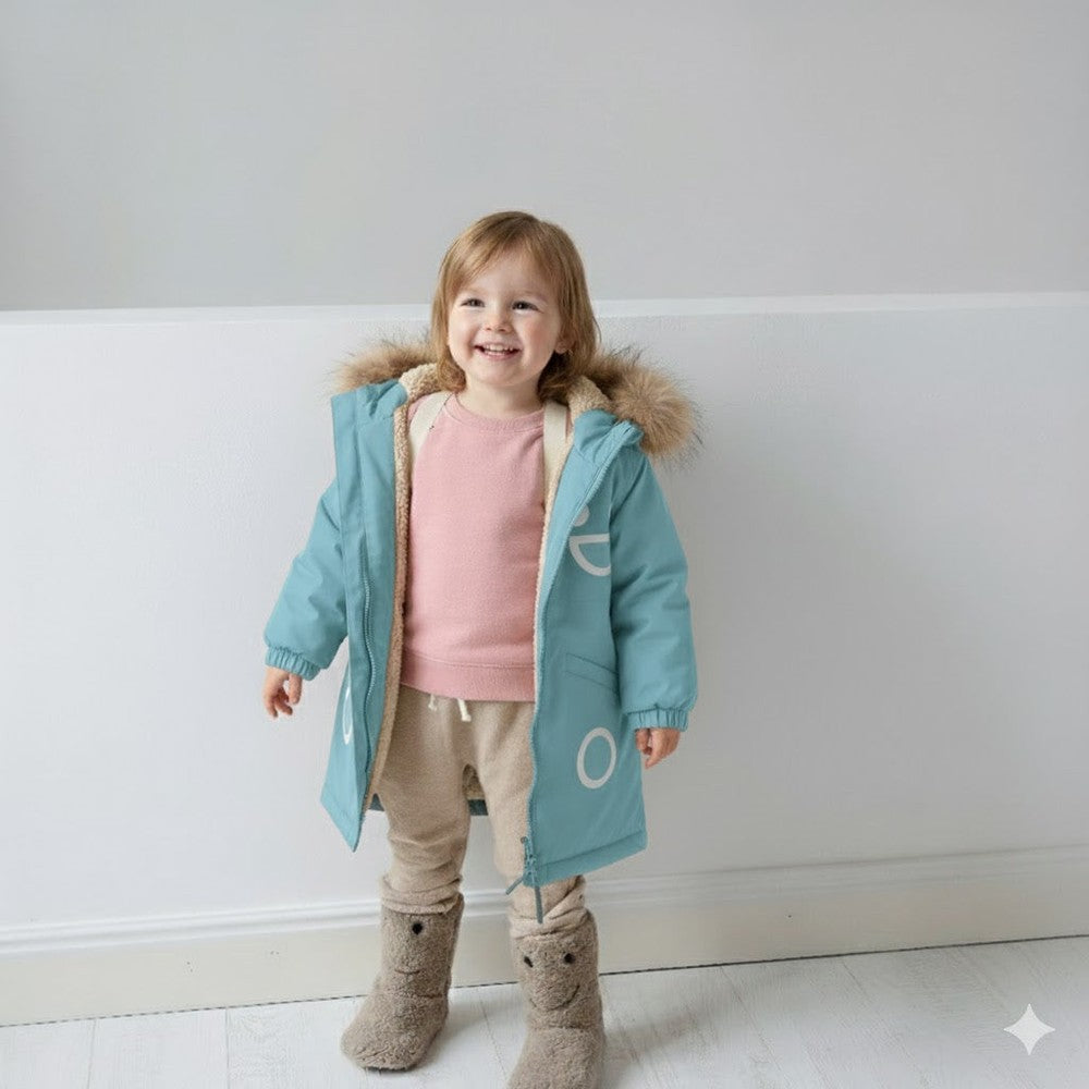 Boxbo Wistiti fleece-lined waterproof snowproof fur jacket blue worn by a smiling toddler standing indoors with a fur-trimmed hood.