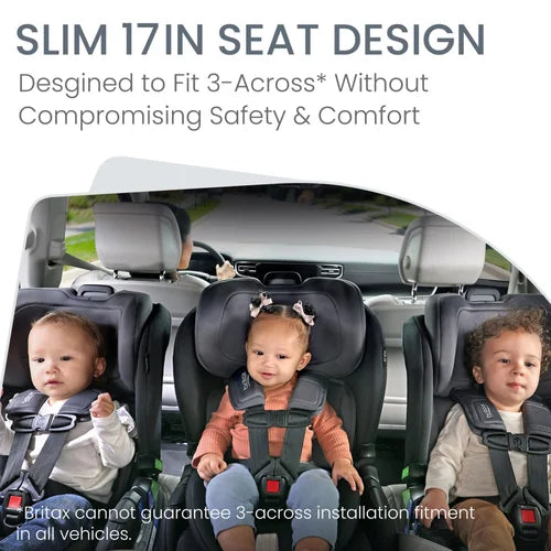 Britax Poplar Convertible Car Seat in a car with three kids buckled, demonstrating slim 17in seat design.