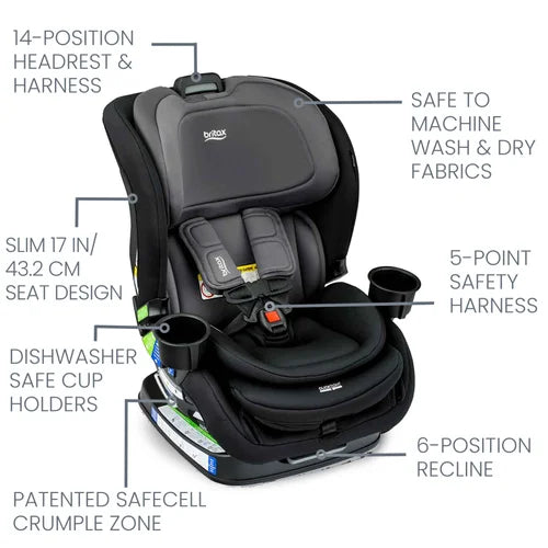 Britax Poplar Convertible Car Seat in black/gray, 14-position headrest and 5-point harness buckled; washable fabrics and cup holders shown.