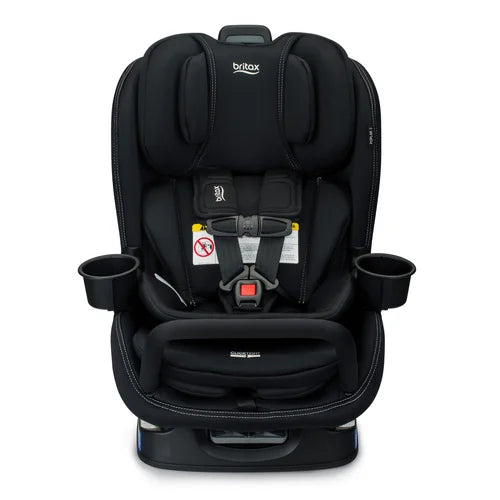 Britax Poplar S Convertible Car Seat in black with 5-point harness buckled and cup holders visible.