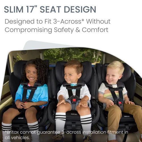Britax Poplar S Convertible Car Seat; three kids securely buckled in black seats in a vehicle.
