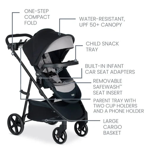 BRITAX Willow Brook S+ Travel System: stroller with compact fold, water-resistant canopy, snack tray, and large cargo basket.