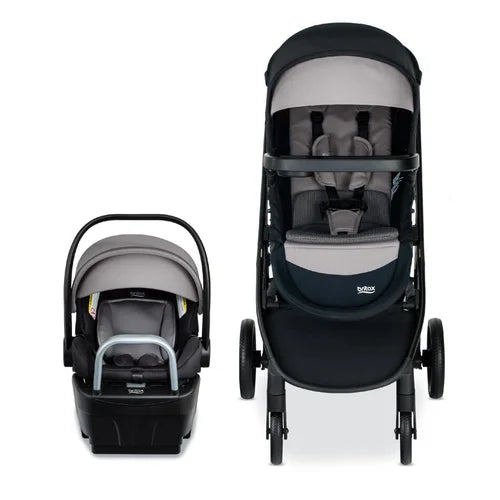 Britax Willow Brook S+ Travel System with infant car seat and matching stroller in gray/black, ready for use.