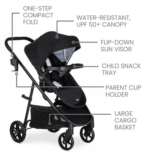 Britax Willow Brook Travel System stroller in black with one-step fold, UPF50+ canopy, snack tray, cup holder, and cargo basket.