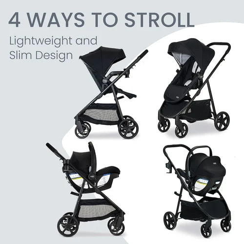 Britax Willow Brook Travel System in black; four configurations shown for stroller, car seat, bassinet, and infant seat.